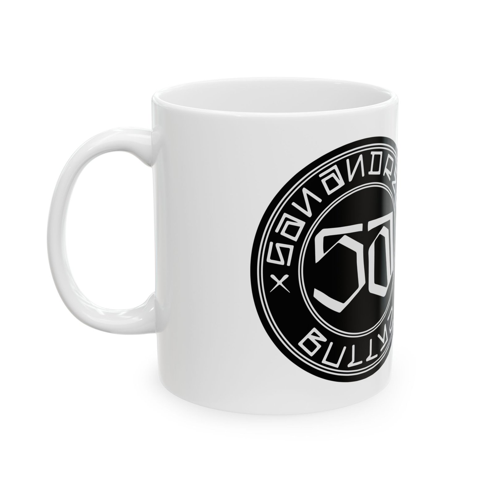 Black Circular Emblem Logo Mug | Ceramic Coffee Cup - Image 3